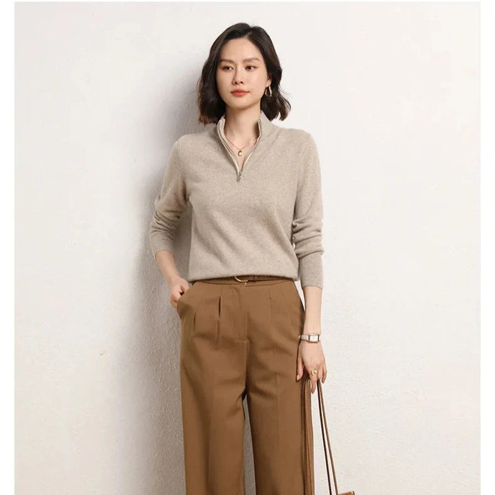 Cashmere Half-Zip Pullover Sweater with Stand-Up Collar, Standard Fit, Beige