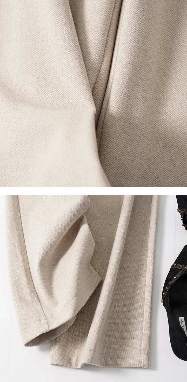 Wide Leg Wool Blend Trousers with High-Waist Fit, Tailored Crease, and Matching Belt