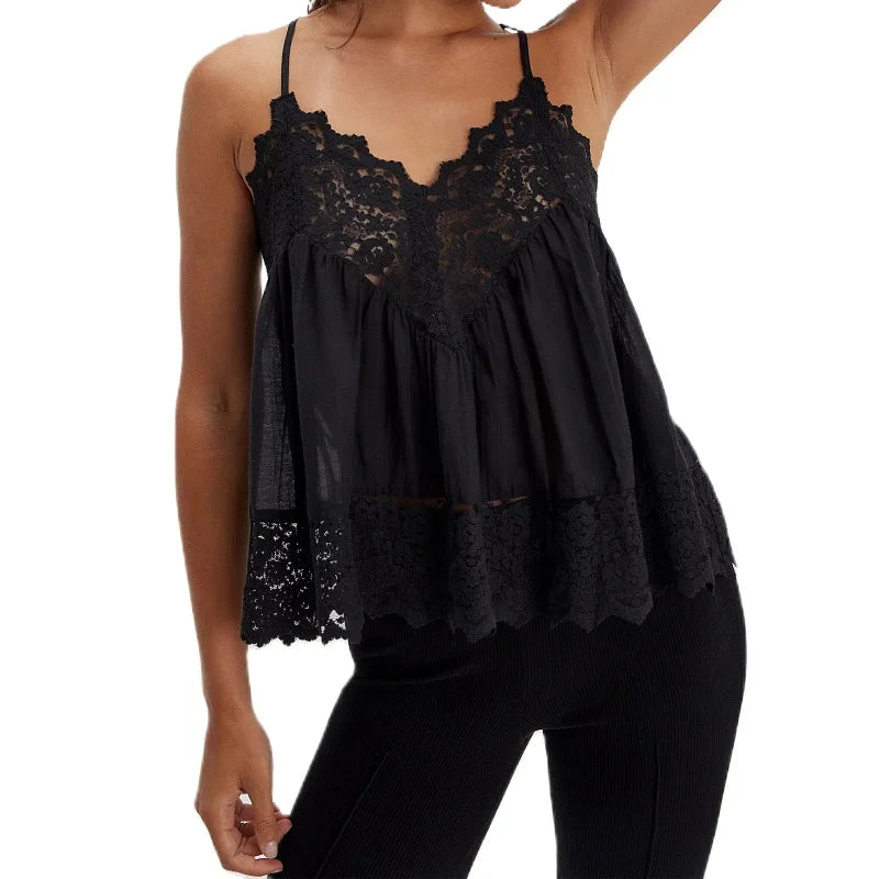 Lace-Trim Cami Top with Sheer Flowy Cotton and Adjustable Spaghetti Straps