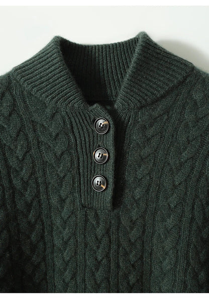 Cable-Knit Sweater with Cashmere Blend, Button-Up Stand Collar and Snug Fit