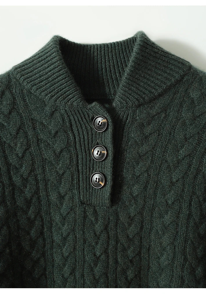 Cable-Knit Sweater with Cashmere Blend, Button-Up Stand Collar and Snug Fit