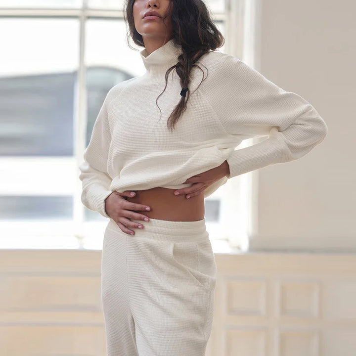 Waffle Knit Loungewear Set for Women, Soft Cotton Blend Top and Pants in White