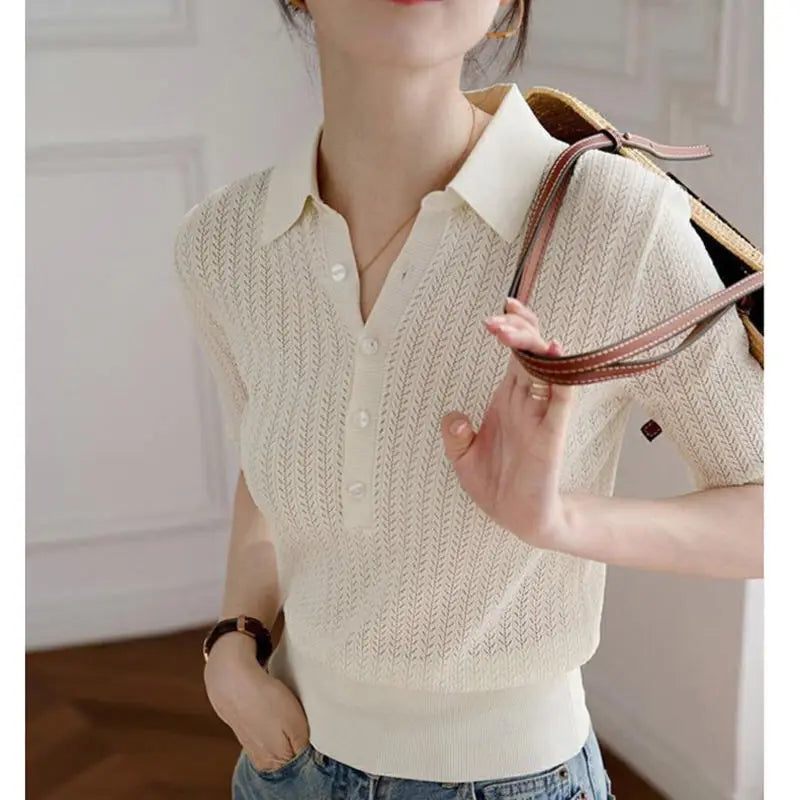 Ribbed Knit Polo Blouse with Button Collar and Breathable Stretch Fabric in Yellow