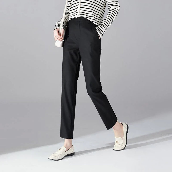 High-Waist Trousers with Elastic Waistband, Ankle-Length Slim Tailored Fit in Gray