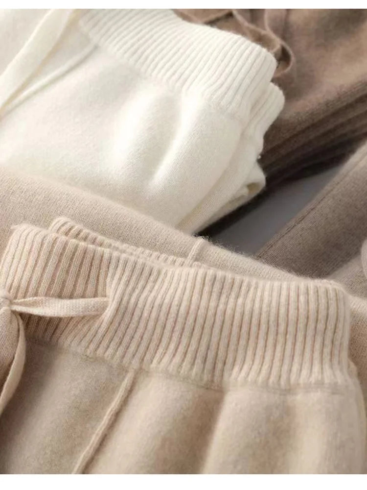 Wide-Leg Merino Wool Trousers with High-Waist Elastic Drawstring Waistband