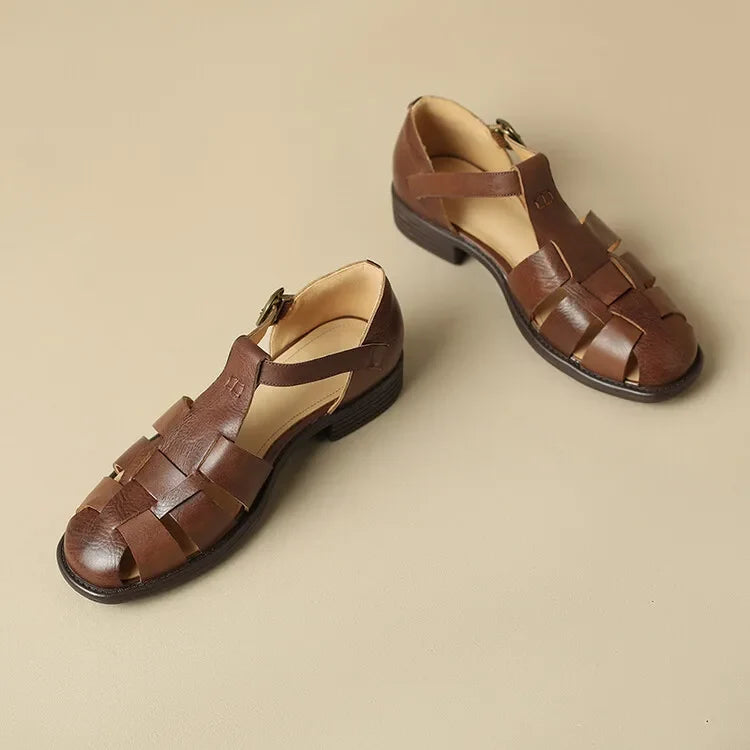 Handwoven Leather Sandals with Adjustable T-Strap Buckle and Low Stacked Heel