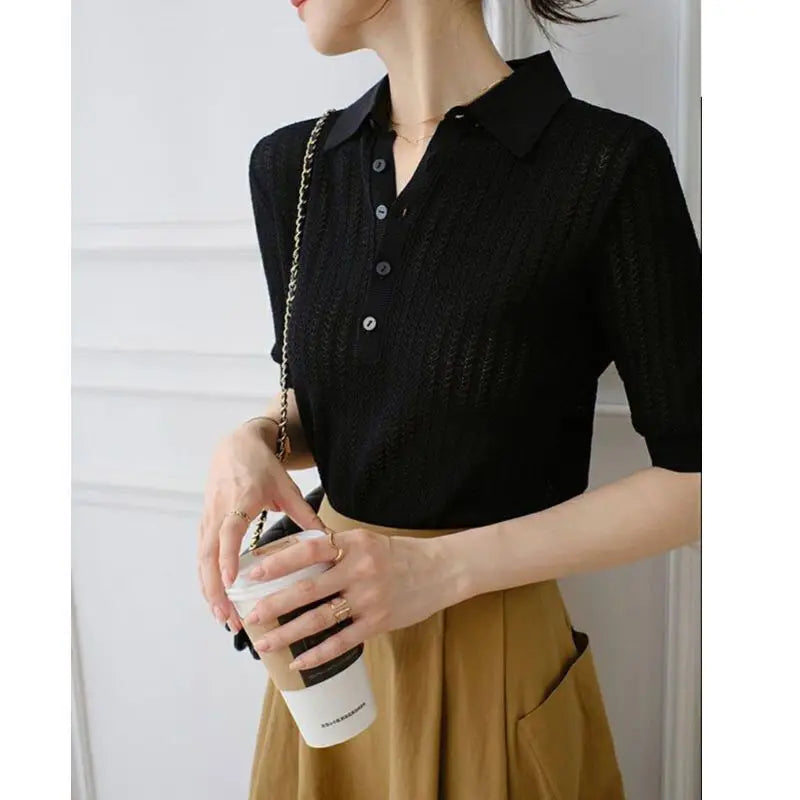 Ribbed Knit Polo Blouse with Button Collar and Breathable Stretch Fabric in Yellow