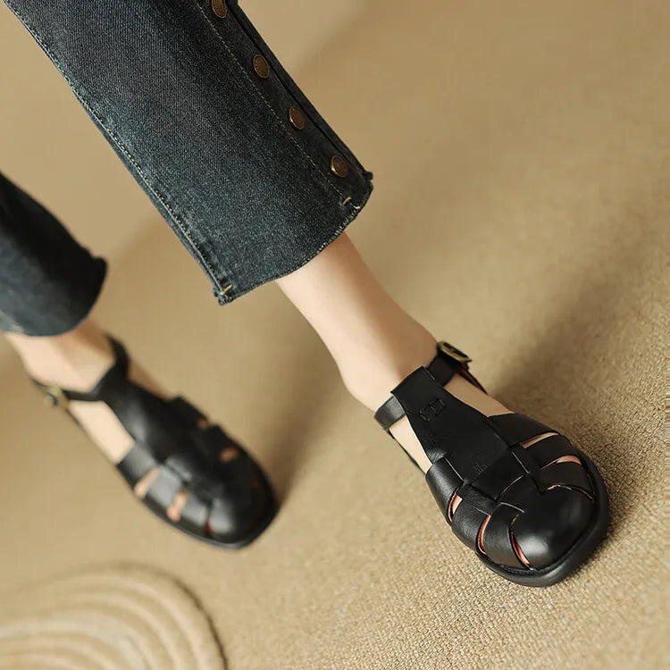 Handwoven Leather Sandals with Adjustable T-Strap Buckle and Low Stacked Heel
