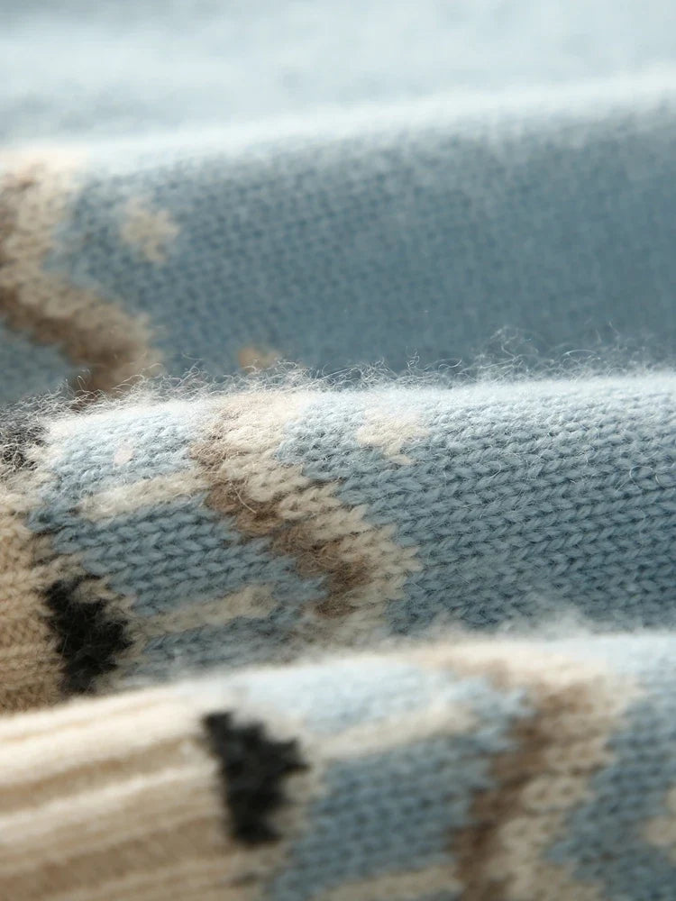 Fair Isle Jacquard Mock Neck Sweater in Cashmere-Soft Knit, Camel Colorway