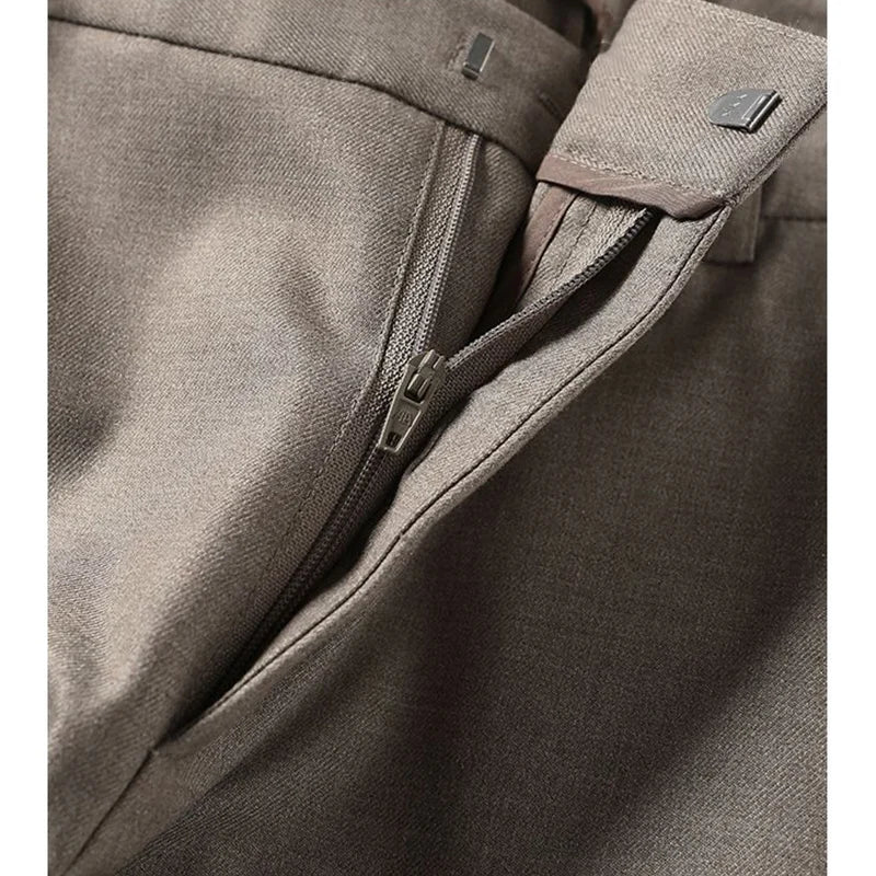 High-Waist Trousers with Elastic Waistband, Ankle-Length Slim Tailored Fit in Gray