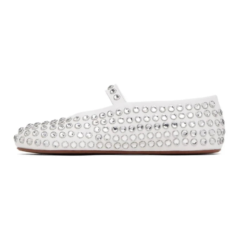 Mary Jane Flats with Crystal-Studded Leather Upper and Adjustable Ankle Strap
