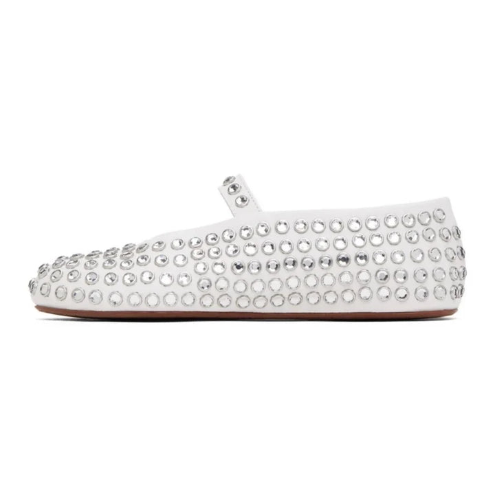 Mary Jane Flats with Crystal-Studded Leather Upper and Adjustable Ankle Strap