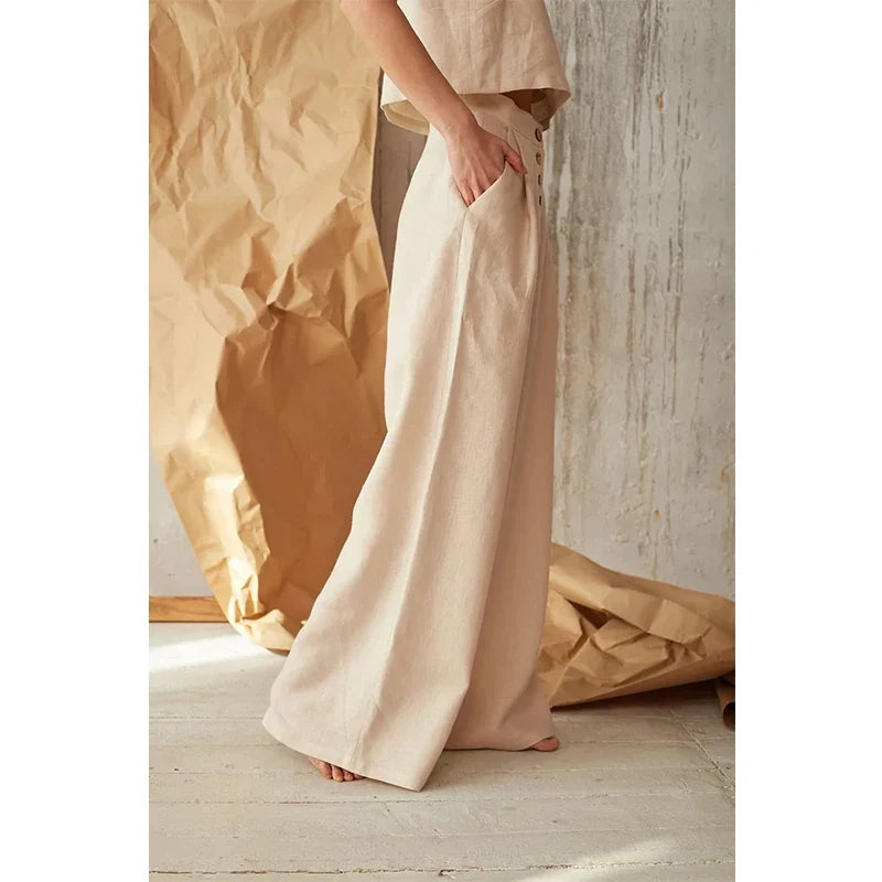 Wide-Leg Pant in 100% Cotton with Hidden Elastic Waistband, Button-Fly Front, and Ankle-Length Cut