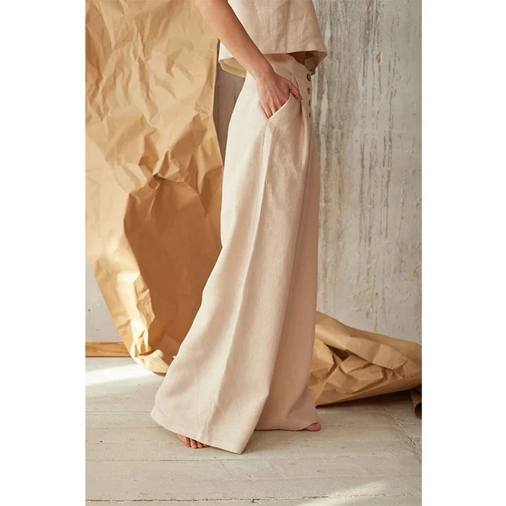Wide-Leg Pant in 100% Cotton with Hidden Elastic Waistband, Button-Fly Front, and Ankle-Length Cut