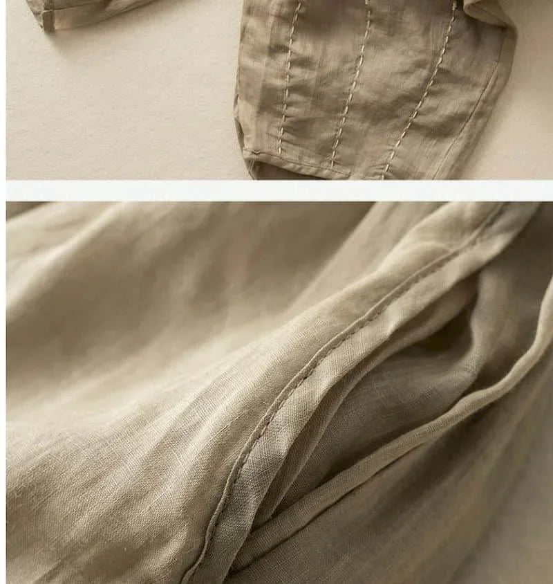 Linen Pants with Elastic Drawstring Waist and Billowed Leg Silhouette in Khaki Cotton-Linen Blend