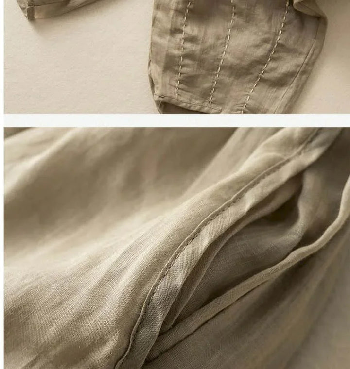 Linen Pants with Elastic Drawstring Waist and Billowed Leg Silhouette in Khaki Cotton-Linen Blend