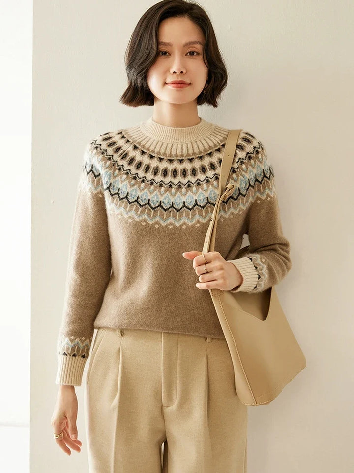 Fair Isle Jacquard Mock Neck Sweater in Cashmere-Soft Knit, Camel Colorway