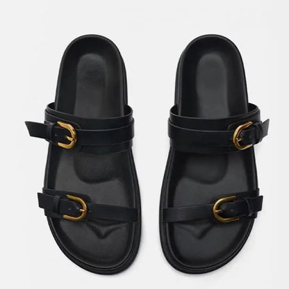 Slide Sandals in Smooth Leather with Adjustable Double Buckle Straps and Flexible Sole