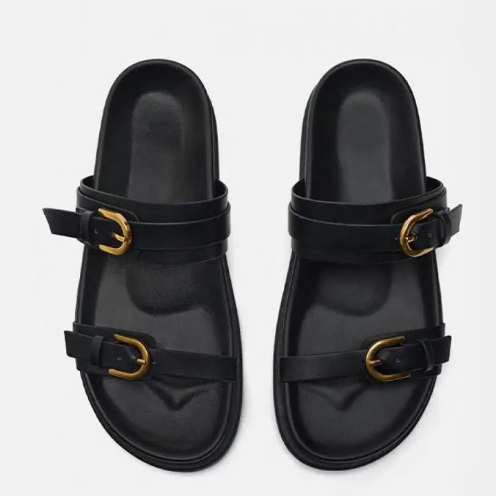 Slide Sandals in Smooth Leather with Adjustable Double Buckle Straps and Flexible Sole