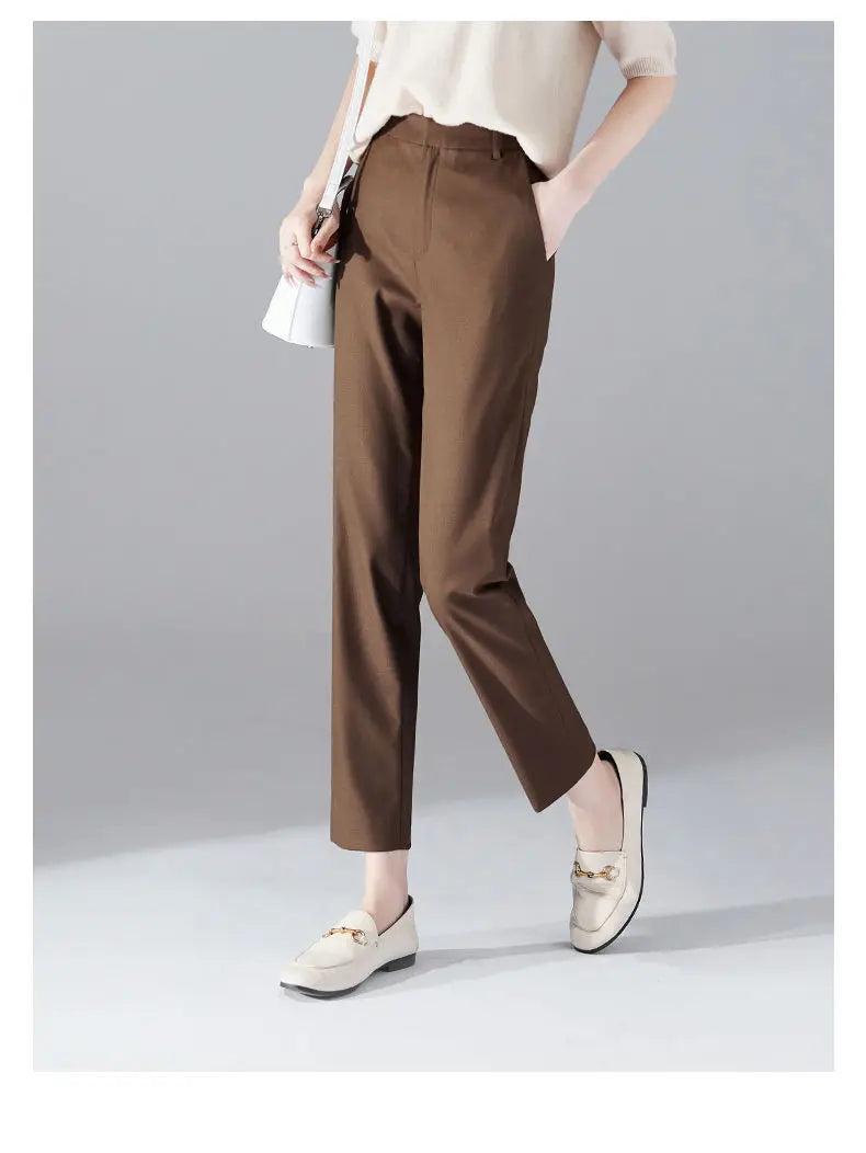 High-Waist Trousers with Elastic Waistband, Ankle-Length Slim Tailored Fit in Gray