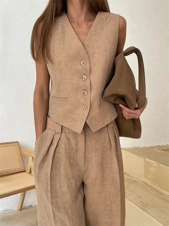 Linen Trouser Set with Buttoned Vest Top and Wide-Leg Pleated Trousers, Two-Piece Design