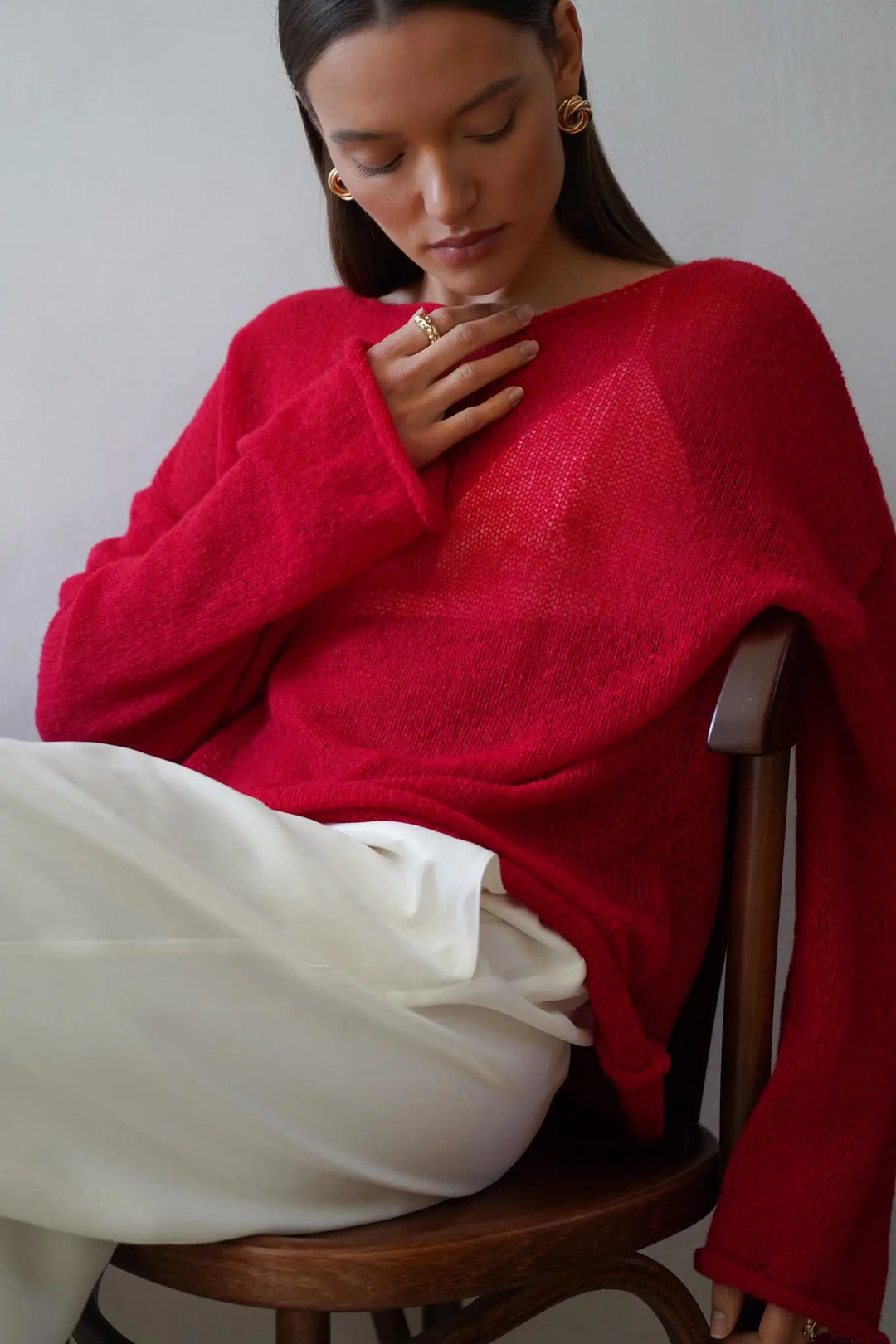 Boatneck Sweater in Merino Wool Blend with Relaxed Fit and Long Sleeves