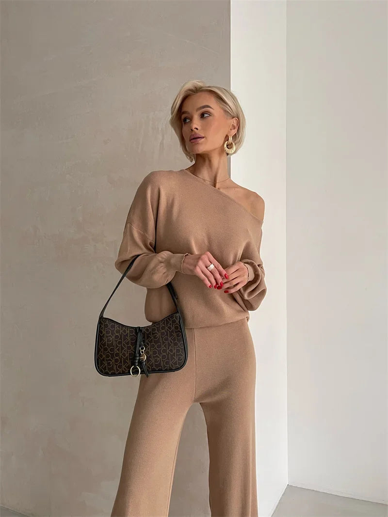 Off-Shoulder Loungewear Knit Set with Soft Flowing Fabric and Relaxed Fit in Camel