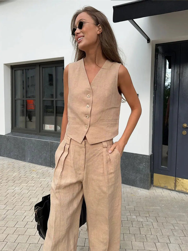 Linen Trouser Set with Buttoned Vest Top and Wide-Leg Pleated Trousers, Two-Piece Design
