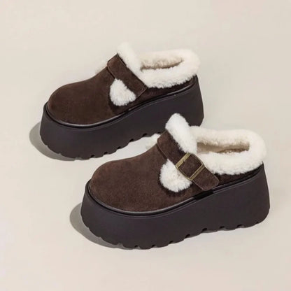 Suede Platform Clogs with Shearling Lining, Adjustable Buckle Strap and Cushioned Sole