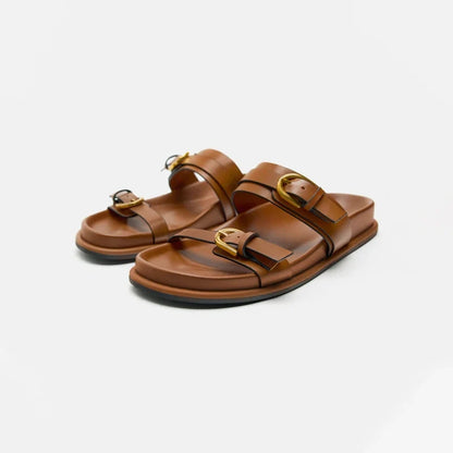 Slide Sandals in Smooth Leather with Adjustable Double Buckle Straps and Flexible Sole