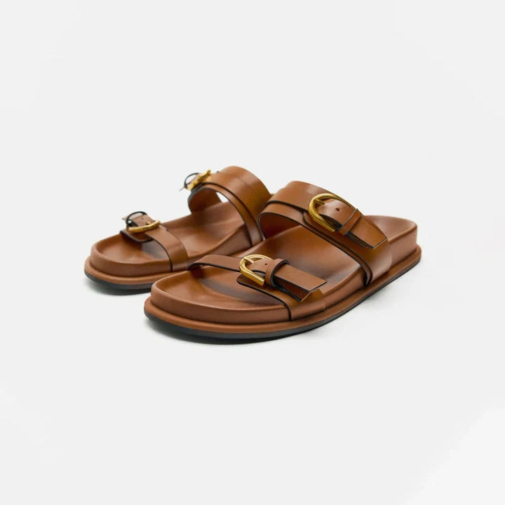 Slide Sandals in Smooth Leather with Adjustable Double Buckle Straps and Flexible Sole