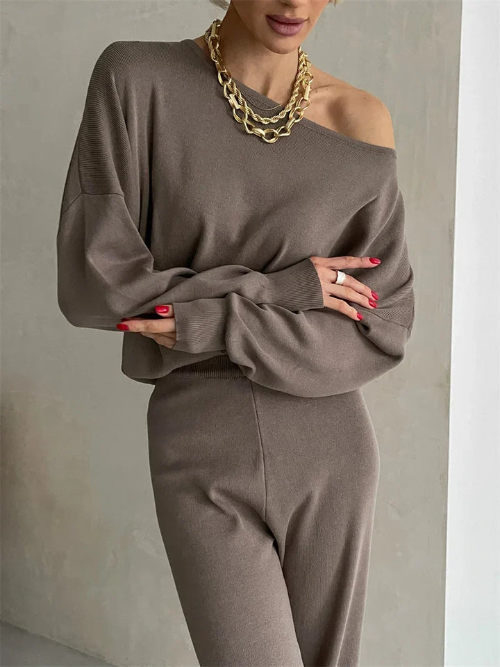 Off-Shoulder Loungewear Knit Set with Soft Flowing Fabric and Relaxed Fit in Camel