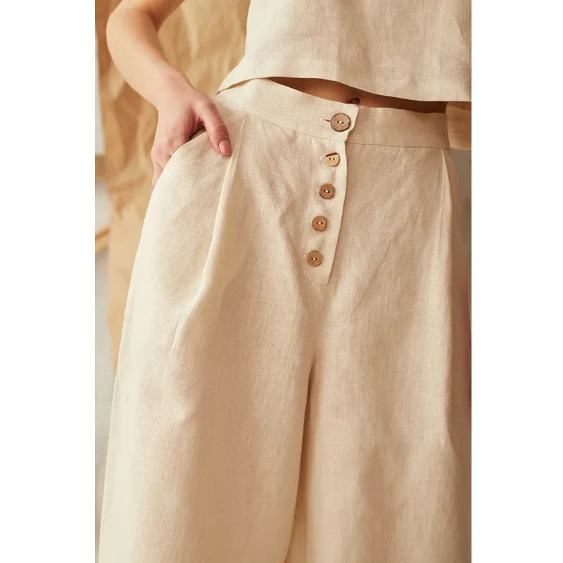 Wide-Leg Pant in 100% Cotton with Hidden Elastic Waistband, Button-Fly Front, and Ankle-Length Cut