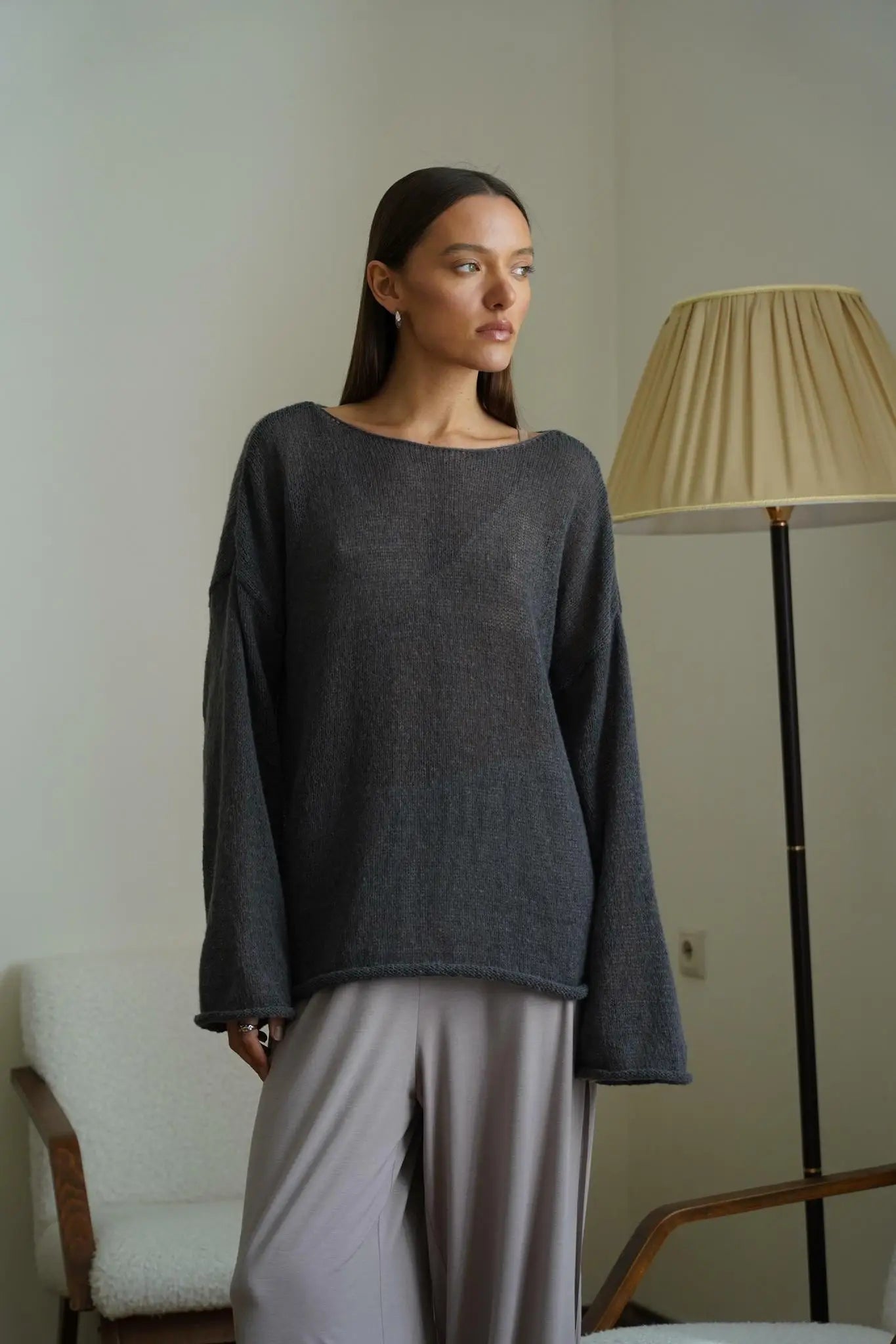Boatneck Sweater in Merino Wool Blend with Relaxed Fit and Long Sleeves