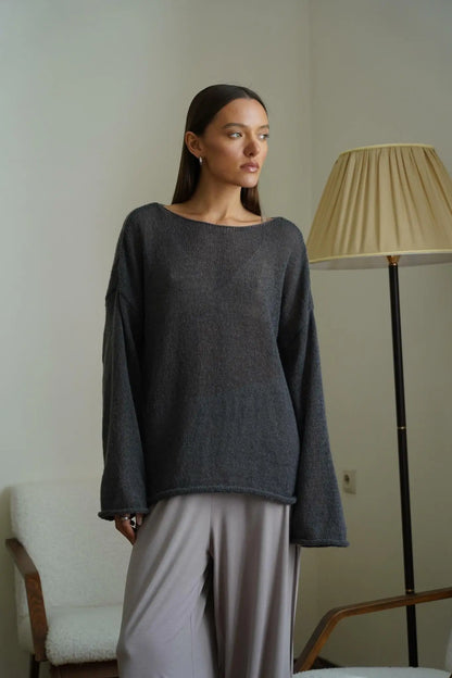 Boatneck Sweater in Merino Wool Blend with Relaxed Fit and Long Sleeves