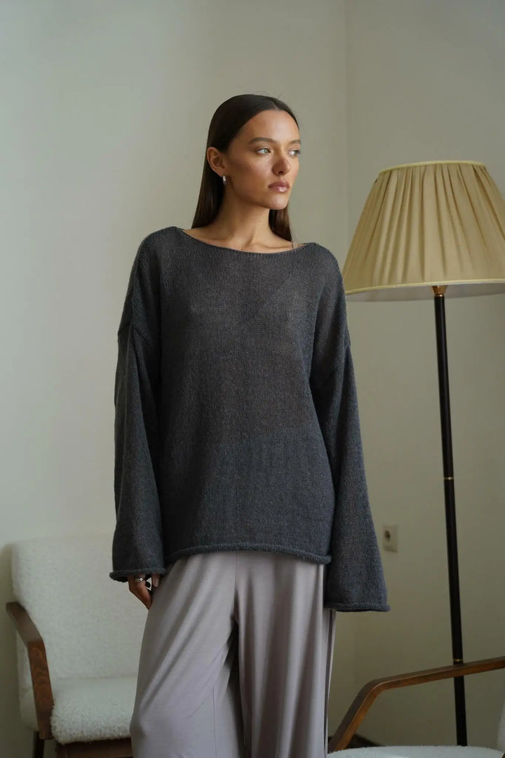 Boatneck Sweater in Merino Wool Blend with Relaxed Fit and Long Sleeves