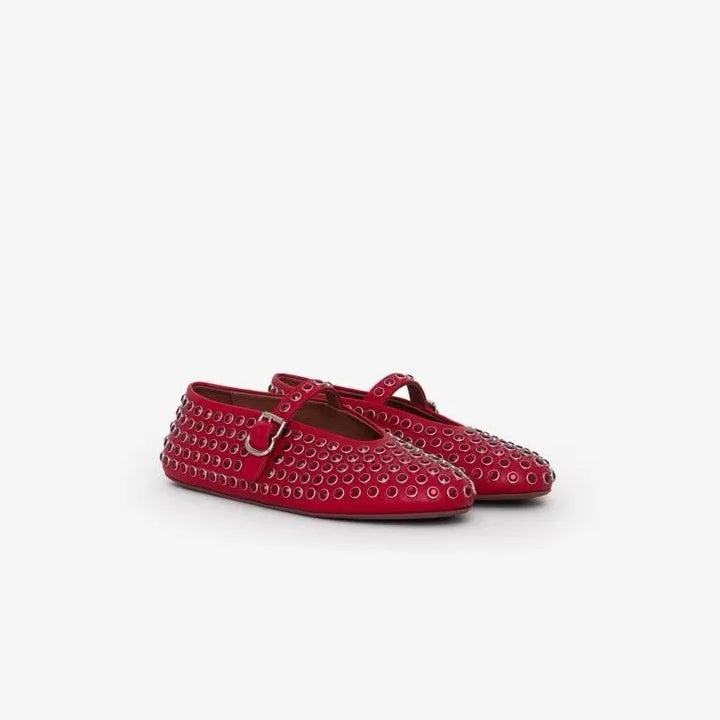 Mary Jane Flats with Crystal-Studded Leather Upper and Adjustable Ankle Strap