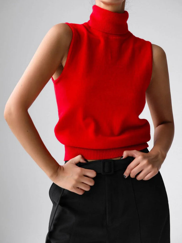 High-Neck Sweater Vest in Soft Wool-Cashmere Blend, Sleeveless Sculpted Fit with Structured Tall Neckline