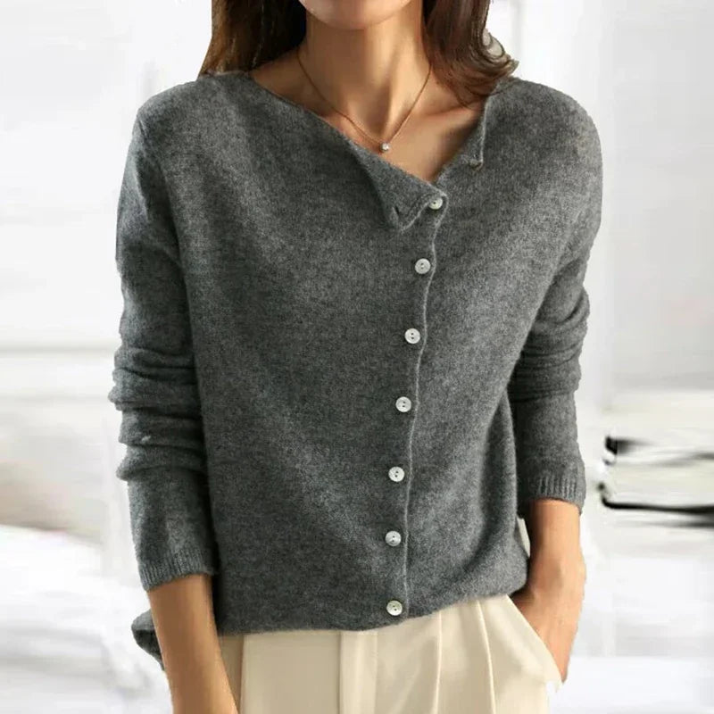 Asymmetric Button Sweater in Khaki Soft Knit with Off-Center Placket Detail and Long Sleeves