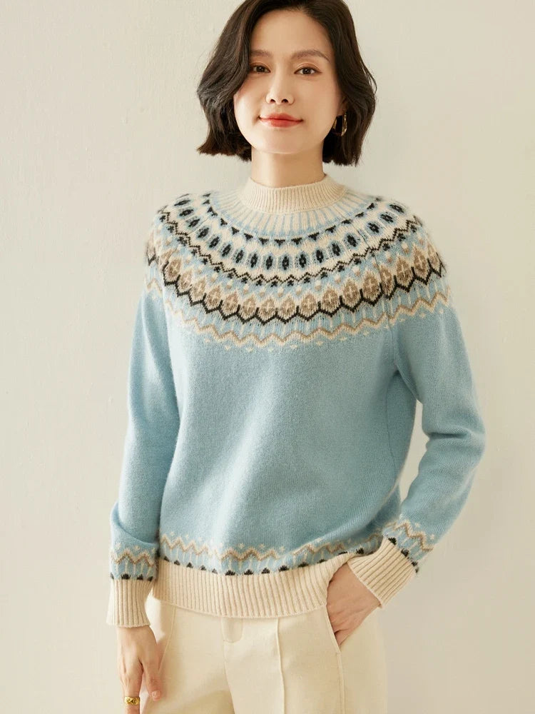 Fair Isle Jacquard Mock Neck Sweater in Cashmere-Soft Knit, Camel Colorway