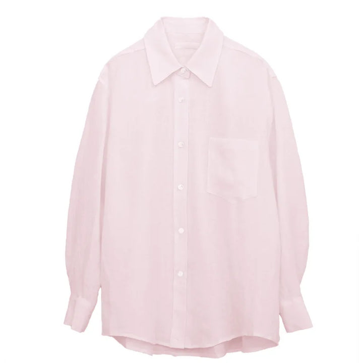 Linen Blouse in Oversized Fit with Turn-Down Collar, 100% Linen Long Sleeve Top for Women