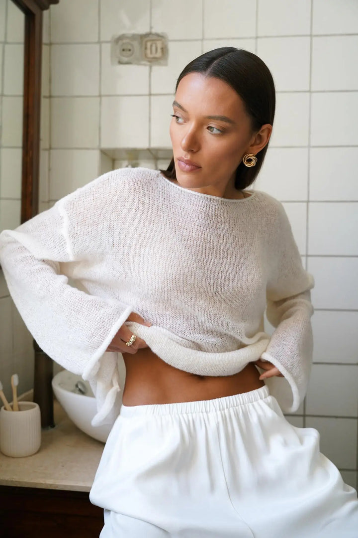 Boatneck Sweater in Merino Wool Blend with Relaxed Fit and Long Sleeves