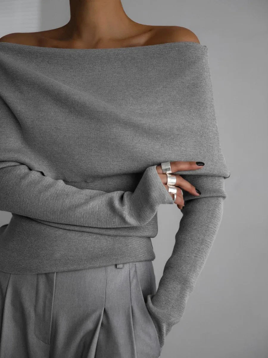 Off-Shoulder Sweater Top with Hand-Knitted Texture and Slim, Body-Skimming Fit