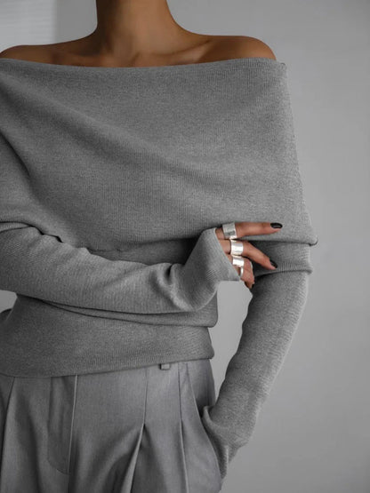 Off-Shoulder Sweater Top with Hand-Knitted Texture and Slim, Body-Skimming Fit