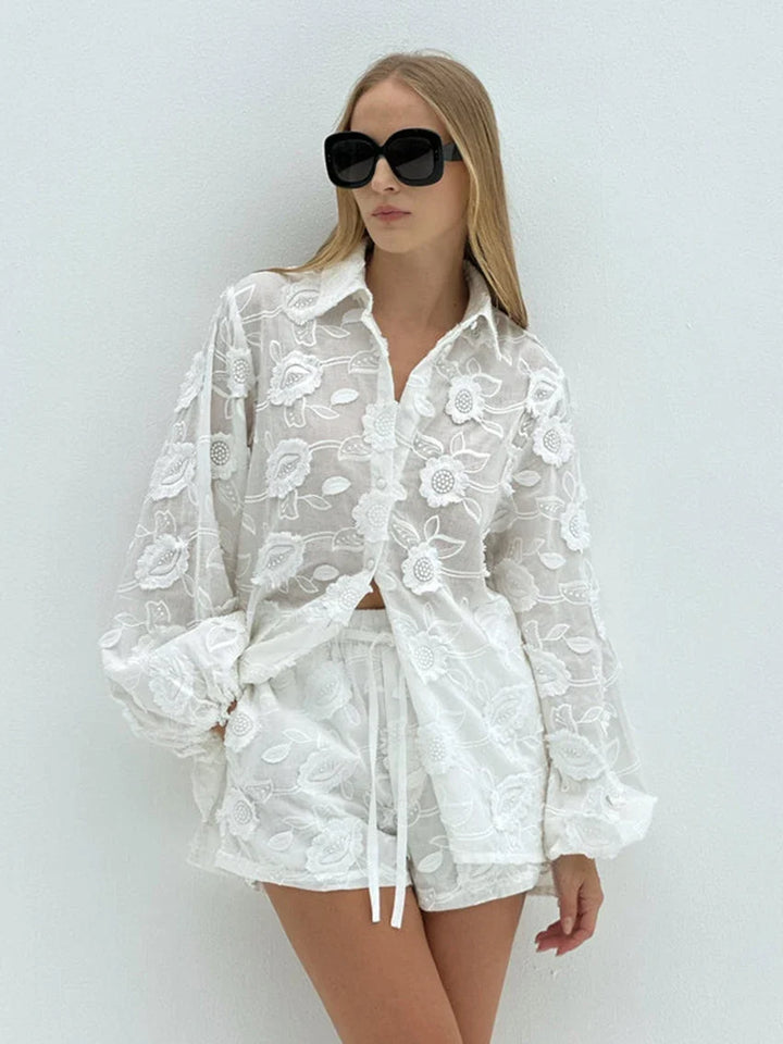 Embroidered Lounge Set with Sheer Button-Up Top and Floral Lace Detail in White