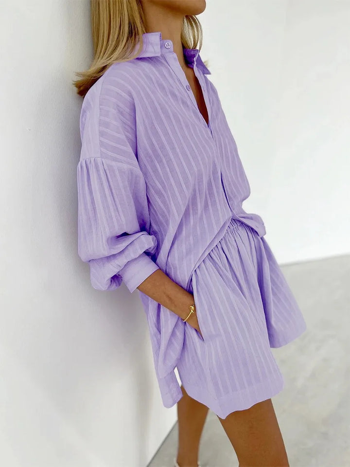 Button-Down Shirt and Shorts Set with Relaxed Oversized Fit in Lightweight Cotton-Blend Fabric