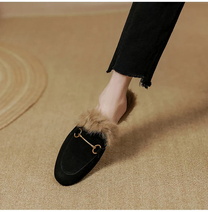 Fur-Lined Suede Mule Slippers with Premium Lamb and Rabbit Fur Lining and Gold-Tone Hardware