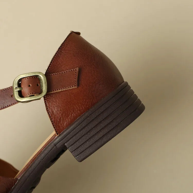 Handwoven Leather Sandals with Adjustable T-Strap Buckle and Low Stacked Heel