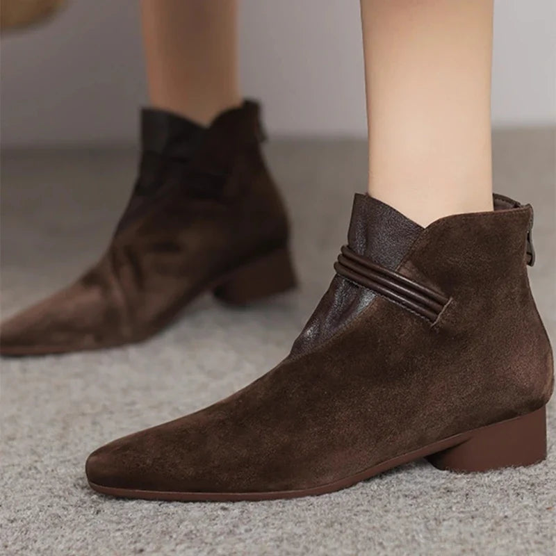 Suede Ankle Boots with Pointed Toe, Side Zip and Low Heel, Women's Vivienne