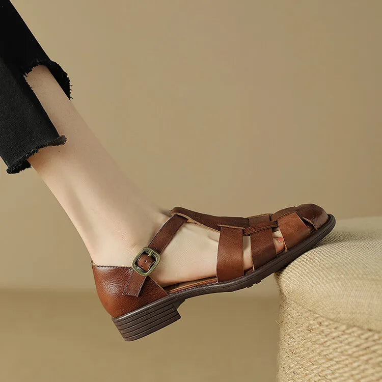 Handwoven Leather Sandals with Adjustable T-Strap Buckle and Low Stacked Heel